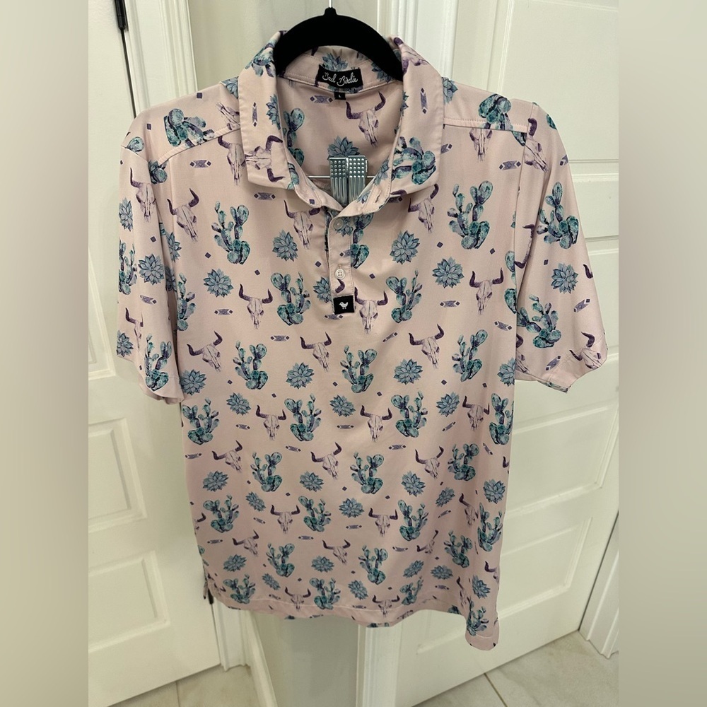 Bad Birdie Shirt Men's L Skull Cactus Southwest All Over Print Preppy Golf Polo